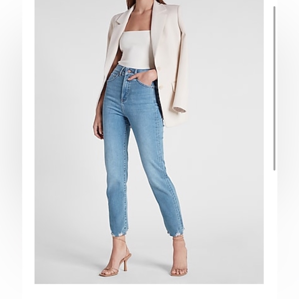 Express slim super high rise raw hem jeans